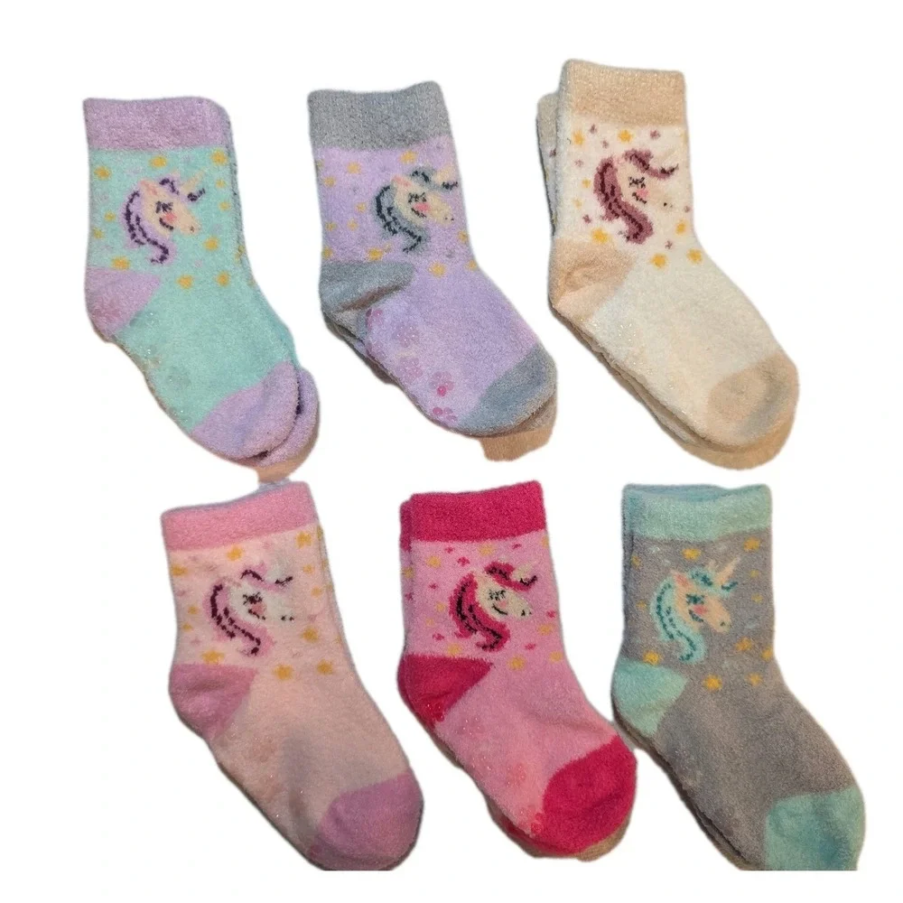 NEW Colorful Girls Cozy Fluffy Fuzzy Socks 6 Pairs Anti Slip Warm Size 1-3 Years